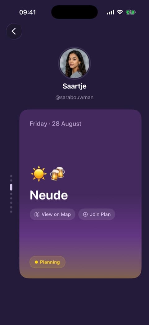 A friend's plan for Neude on a Friday, with View on Map and Join Plan buttons
