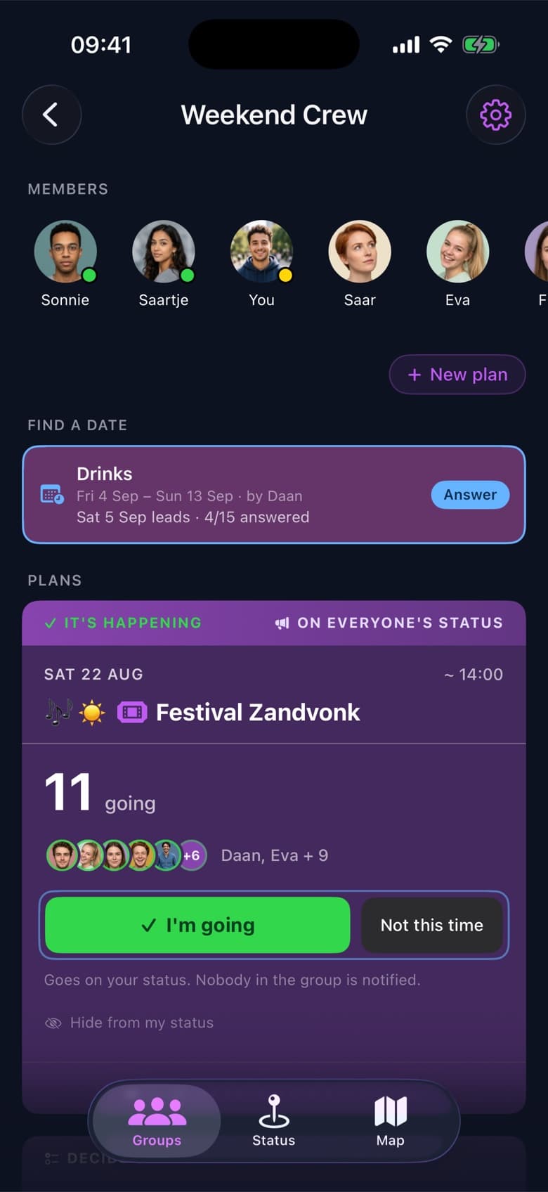 A Where To? group called Weekend Crew: a date poll for drinks, and a festival plan for Saturday with eleven going and an I'm going button