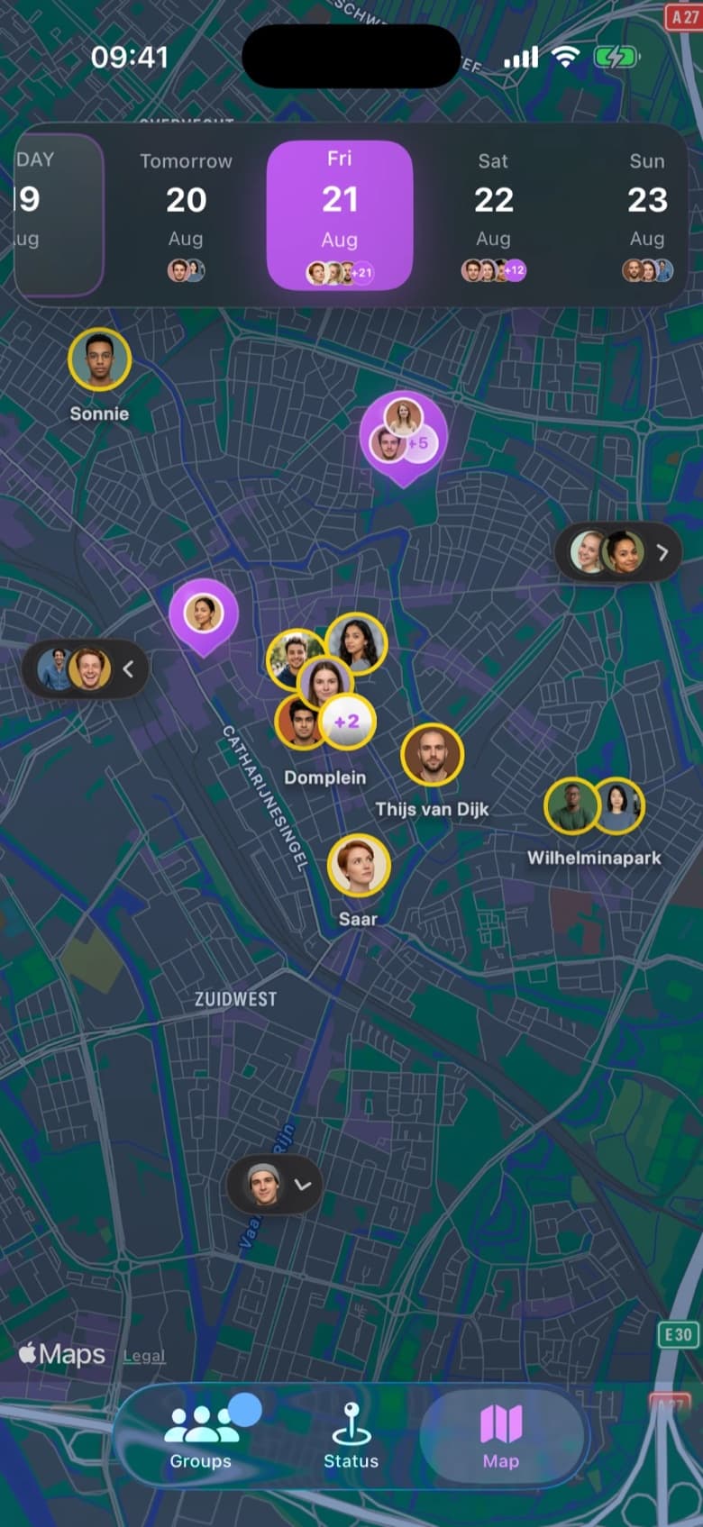 The Where To? map of Utrecht: friends' profile photos pinned at the places they plan to be, under a ribbon of days showing who is out on each one